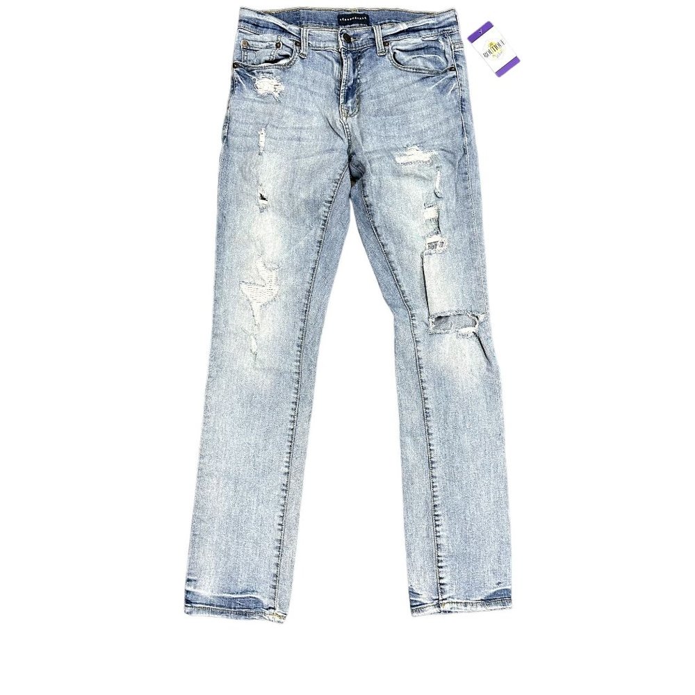 Aeropostale 29x32 Slim Fit Blue Jeans Light Wash Distressed Stretch Denim Patch